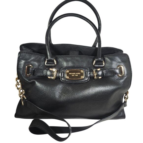 Michael Kors Hamilton Large Black Leather Satchel Tote Shoulder Bag Gold Accents - Picture 1 of 13